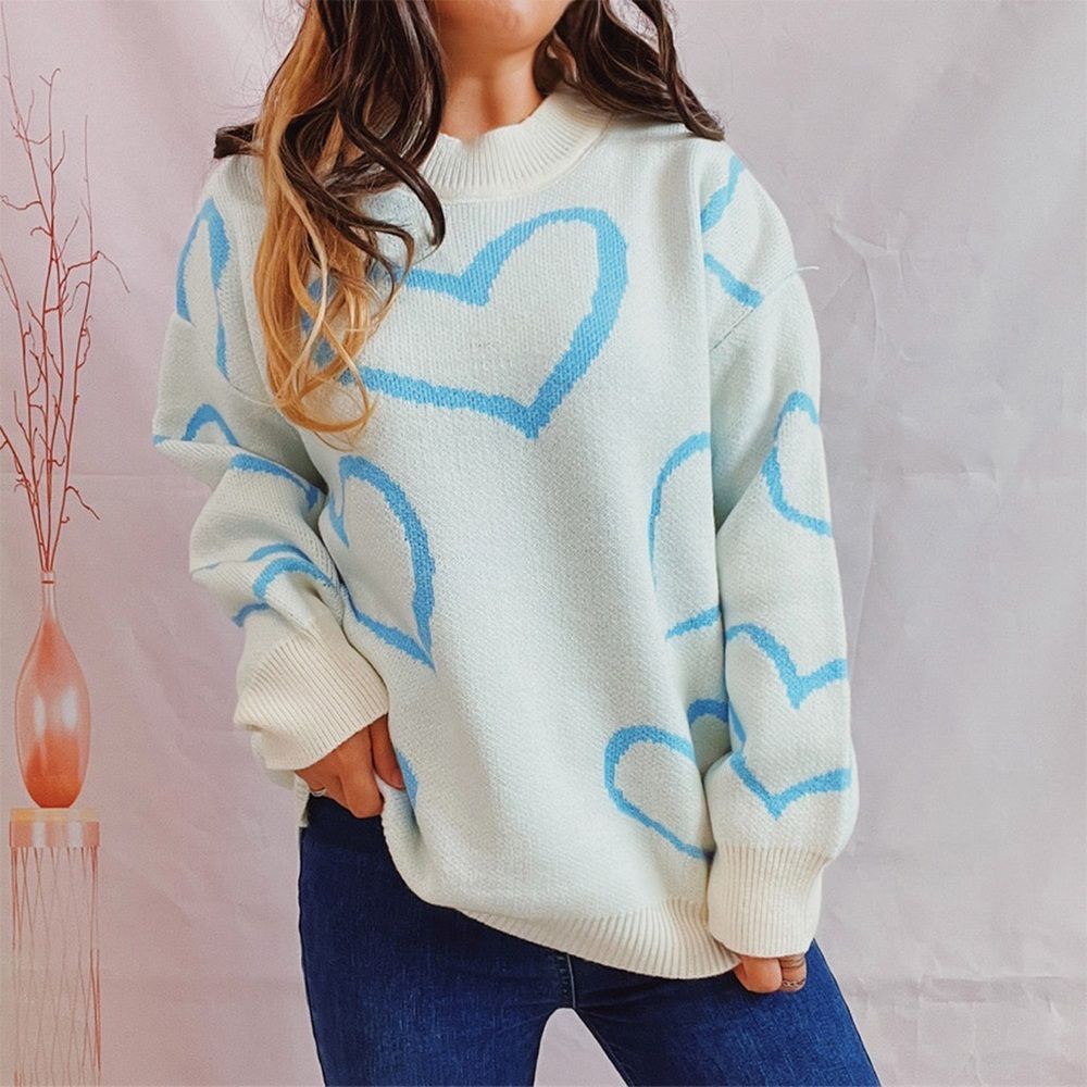 White & Blue Cozy Heart Pattern Long Sleeve Sweater - Picture 1 of 4